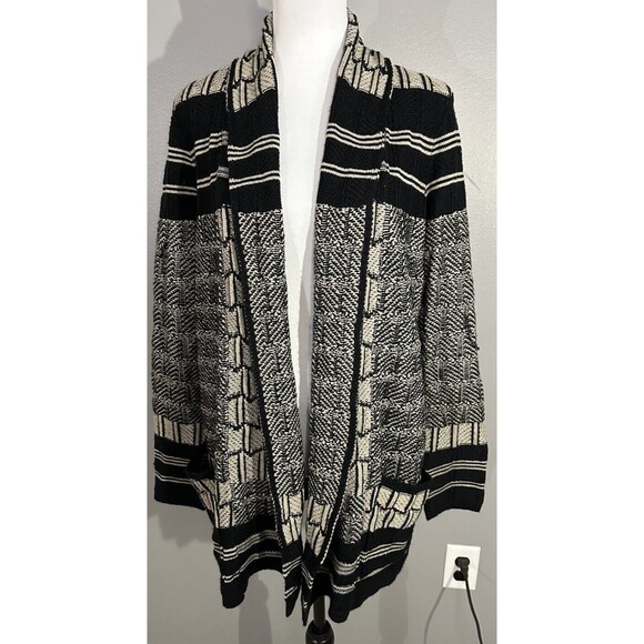 NWT $298 BCBG Chunky Knit Black Beige Cardigan Open Front Wool Blend Sweater S - Picture 1 of 7